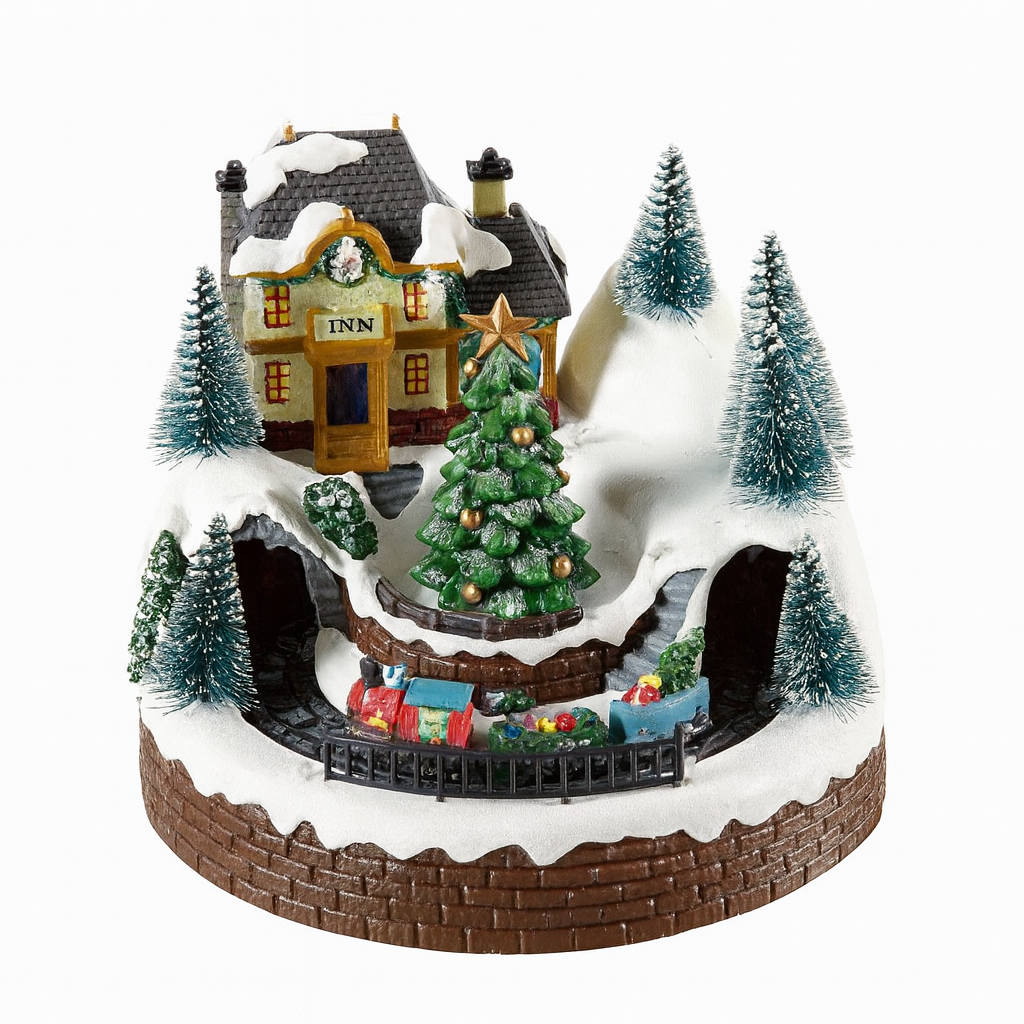 Christmas-themed miniature village with a house, tree, and cars on a snowy base.